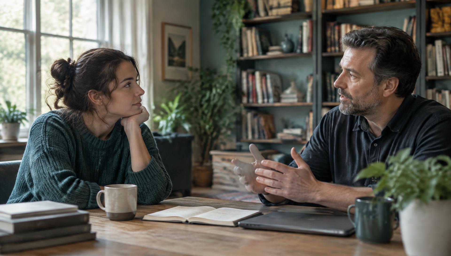 Two people in thoughtful conversation at a table in a light-filled study