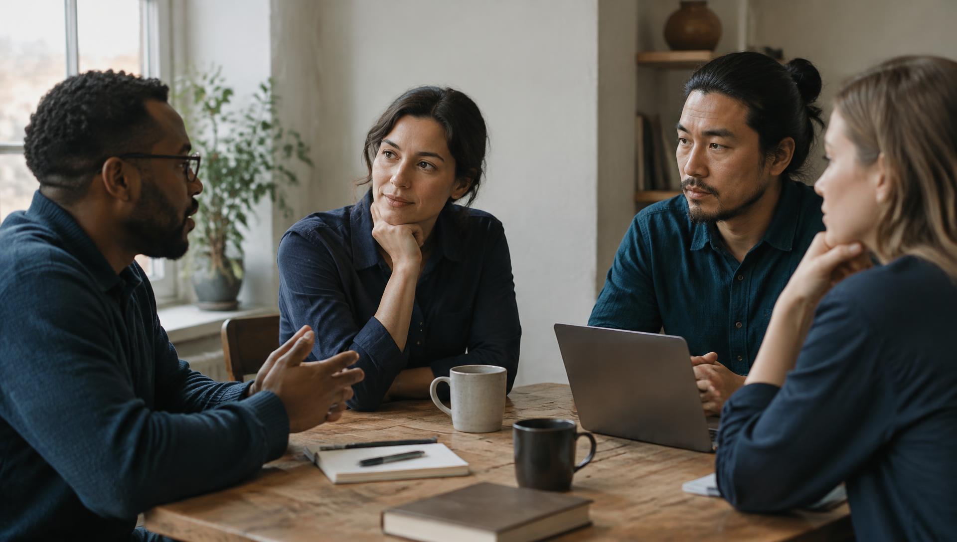 A small group in quiet conversation around a wooden table in a calm, light-filled room