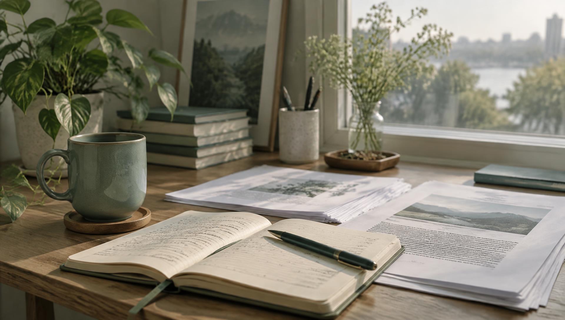 An open journal, pen and printed research papers on a desk in morning light